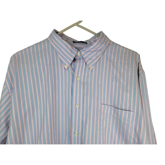 Lands End Mens Super Fine 2-Ply Yarn Striped Pink Blue Button Up Size 17/37 Tall - Picture 2 of 13